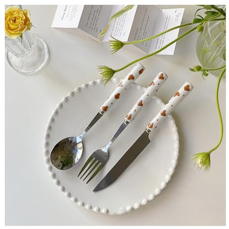 (12 Stück) Schachbrett Keramik Griff Küche Edelstahl Besteck Geschirr Besteck Set Steak Messer Gabel Löffel Teelöffel (Bär A)