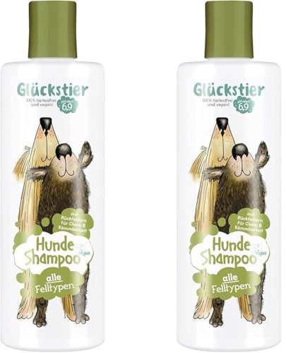 Glückstier Hundeshampoo, 250 ml, rückfettendes Shampoo für alle Hunderassen, für glänzendes Fell & bessere Kämmbarkeit, angepasster pH-Wert, 100% vegan & tierleidfrei (Packung mit 2)