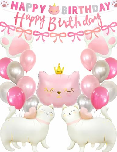 Regendeko Katzen Geburtstagsdeko Mädchen Rosa: 28-teiliges Deko Set mit Filz-Girlanden, Folienballons & Luftballons - Ideale Katze Party Deko für Kinder & Babyparty