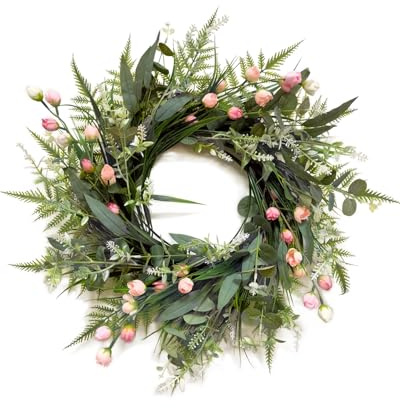 Gioyonil Grüner Kränzchen, 60cm Künstliche Pfingstrosenblüte Eukalyptus Kranz Türkranz Frühlings Sommer Tischkranz Wandkranz haustür deko, Zuhause, Schlafzimmer für Alle Saisons