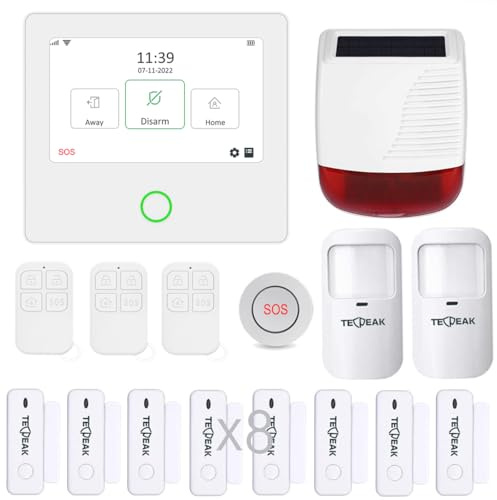 TECPEAK Drahtloses Hausalarmanlage mit Touchscreen, unterstützt WLAN/GSM/2G/4G, inkl. Zentralalarm, Tür-/Fenstersensor, Kontaktsensor, Bewegungsmelder, Solar-Alarmsirene für den Außenbereich