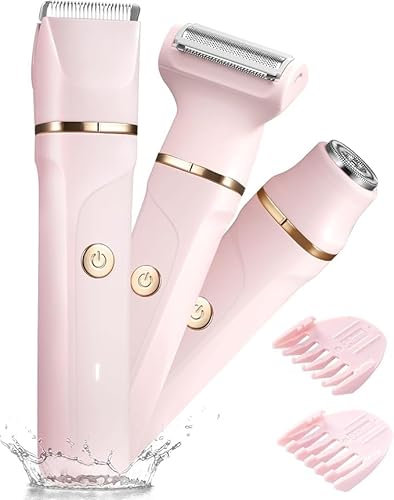 Bikini Trimmer Women - 3 in 1 Painless Lady Shavers for Women for Silk Skin,Rechargeable Electric Shaver for Bikinis Legs Pubic Hair,Replaceable Ceramic Blade,IPX7 Waterproof Easy Cleaning,Pink