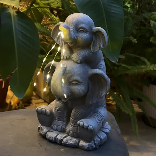 Tuzsocr Elefantenstatue Gartendeko mit Solar Lichterkette, Bewässerungselefant Gartenfiguren LED Lichter, Mutter-Elefant und Baby-Elefanten Außen Deko, Geschenke für Frauen, Mutter, Ehefrau (Stil 3)
