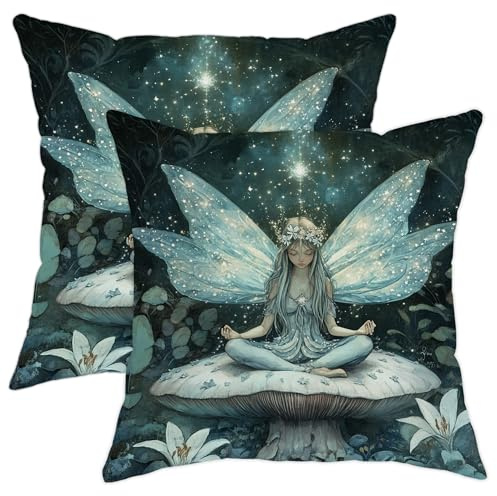 Juego de 2 cojines de hadas con alas luminiscentes azules, decoración cuadrada de fantasía para el hogar, sofá, cama, sofá, 16 x 16 pulgadas