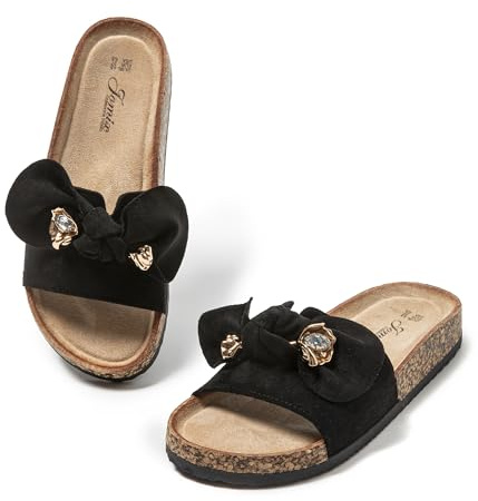 JOMIX Clogs Damen Pantoletten Sommer Sandalen mit Strass Fliege Strand Sandaletten Bequem Kork Strandsandalen Sommerschuhe (Schwarz, 38EU, WCF250256)