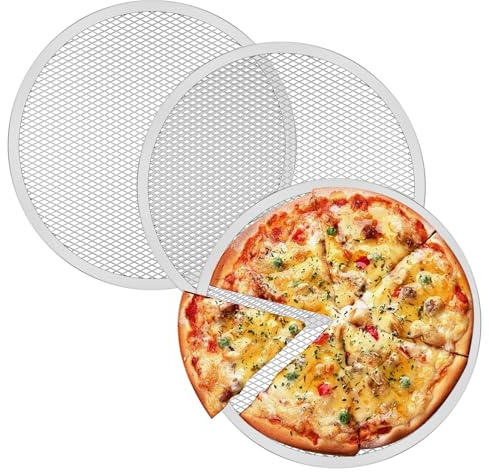 Fyeme Pizzaplåt rund uppsättning av 3 30,5 cm pizzaplåt rund av aluminium mesh design värmeledning rostskydd non-stick belagd bakplåt för bakning av hemlagad pizza bröd tårtor