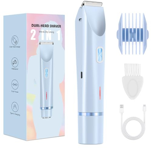 Intimrasierer für Frauen, 2-in-1 Dual Head Shaver Rasierer mit USB-C-Laden, Damenrasierer Elektrisch für Gesicht, Beine und Arme, Rasierer Damen mit Wasserdichter Trimmerkopf, Leicht zu Reinigen(blau)
