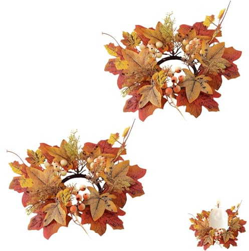 2 PCS Room Decor Wreath for Front door Door Wreath, Autumn Leaves Fall Candle Ring Autumn Artificial Plants Leaves Wreaths Candle Rings Wreaths, Autumn decorations Halloween Decorations Dinner Table