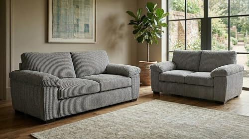 Furniture 786 Delta 3+2 Sofa Settee - Grey Jumbo Cord 2 Seater Couch Set - Luxury 3 Seater High Back Sofas -Comfortable Dual Arm Settees - 5 Seated Sofa for Living Room Lounge