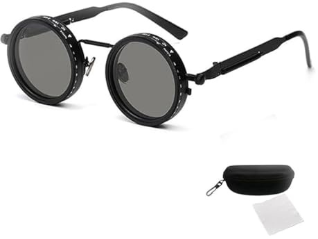 FlexiTint Retro,Sunglasses for EveryLight,Ballee Adjustable Tint Sunglasses with Built-in ND Filter,Runde Sonnenbrille,Polarisierte Sonnenbrille,1-9 Getriebe verstellbare Tint Sonnenbrilles (Schwarz)