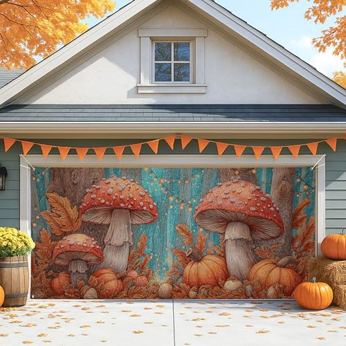 Fanciful - Cubierta para puerta de cochera de hongos, decoración rústica grande de otoño para Halloween y fiestas de otoño, decoraciones de temporada al aire libre, 157 x 71 pulgadas