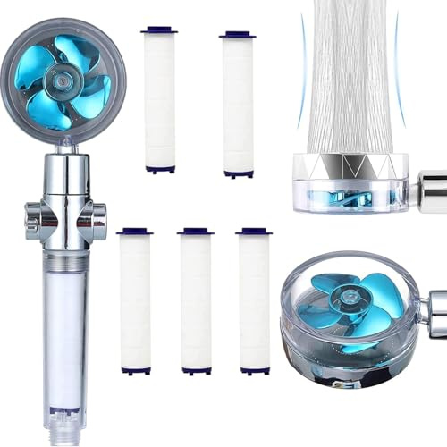 Pommeau De Douche Haute Pression, Pommeau De Douche Rotatif à 360°Avec 5 Coton PP Remplaçable, Douchette Douche Avec Bouton D'Arrêt D'Eau, Pour Le Bain(Bleu)