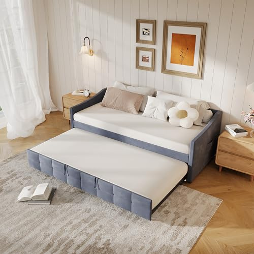 QSFCUB Tagesbett Ausziehbar 90x200 cm, Schlafcouch Polsterbett Ausziehbar mit Gästebett, Schlafsofa mit Ausziehbett für Schlafzimmer Wohnzimmer, Samtmaterial, ohne Matratze (Grau-XY01, 90x200)