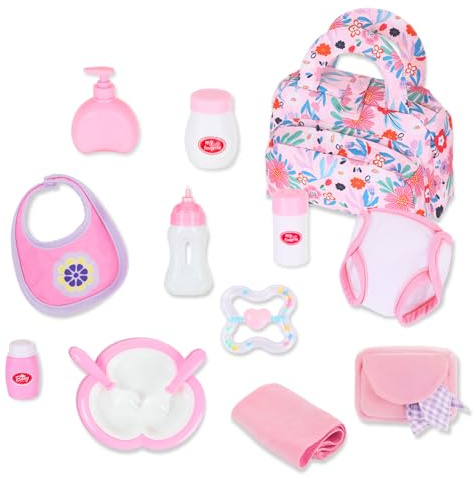 ZITA ELEMENT Accessoires pour Poupée 40-45cm Cadeau pour Fille | Set complet de 15 pièces : sac à couches pour poupée, biberon, bavette, boîte à mouchoirs avec serviette et doudou assorti