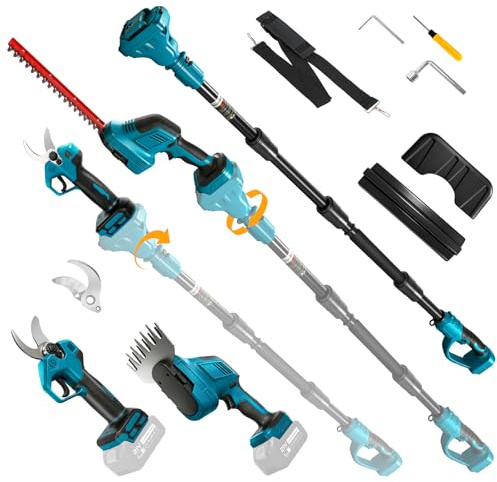 Roadtime 6-i-1 teleskop häcksax och grensax batteri för Makita 18 V batterier (utan batteri), vridbar stav hedge trimmer, borstlös motor för grässax grenskärare för trädgård, träd, buskar