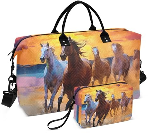 Grgvtei Travel Duffel Bags Sunset Horses Running Carry On Overnight Weekend Tote with Trolley Sleeve for Women Men, Gym Tote Shoulder Travel Bag with Toiletry Bag