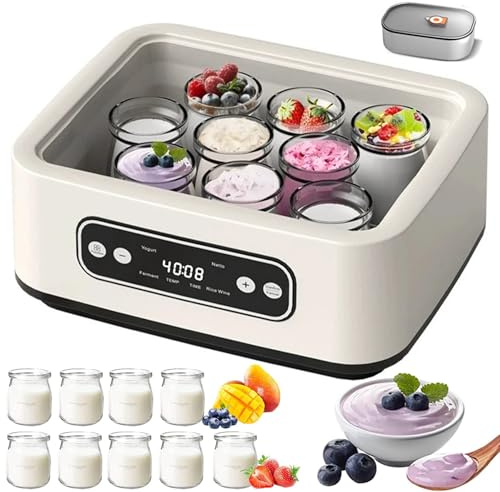 Yogurtiera, Yogurtiera Elettrica da 1,6 Litri, Completa di 9 Tazze Portatili e Pentola Interna in Acciaio Inossidabile, con Controllo del Tempo per la Preparazione di Yogurt e Dessert Sani