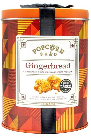 Popcorn Shed Gingerbread Gourmet Popcorn Mini Gift Tin - Gourmet Popcorn Gift Set, Ginger, Caramel & Festive Spices, Low Calorie Vegan Snack, Perfect for Gifting