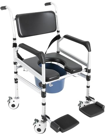 Silla de ducha con ruedas con 4 ruedas bloqueables, silla de ducha 3 en 1, silla de inodoro plegable para personas mayores, silla de baño portátil, capacidad de carga de 160 kg, antideslizante para