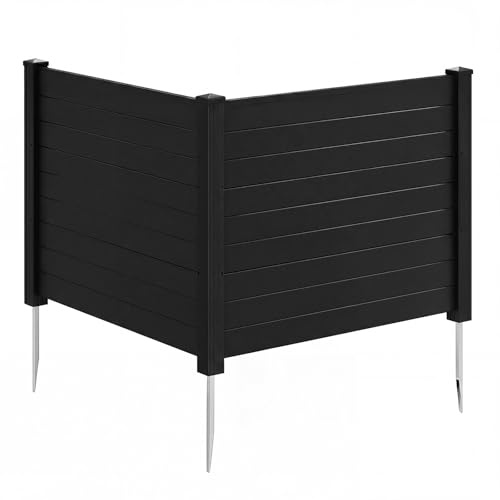 FANTASK Gartenzaun 2 Stück, 122 x 95 cm, Sichtschutz Zaun mit 3 Pfählen, dekorative Sichtschutzzaun aus PP & verzinktes Metall, Dekozaun, freistehender Sichtschutz für Garten Terrasse (Schwarz)