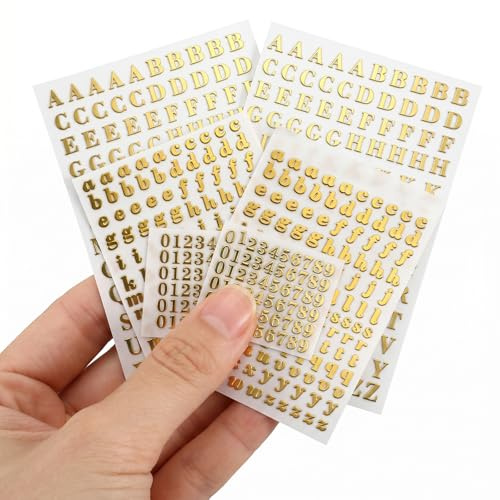 6 Blätter Gold Mini 3D Sticker, Nummern Alphabet Aufkleber, Metallbuchstaben Buchstabenaufkleber Selbstklebende Zahlenaufkleber Glitzer für Wasserflaschen, DIY-Bastelarbeiten Handwerk Scrapbook
