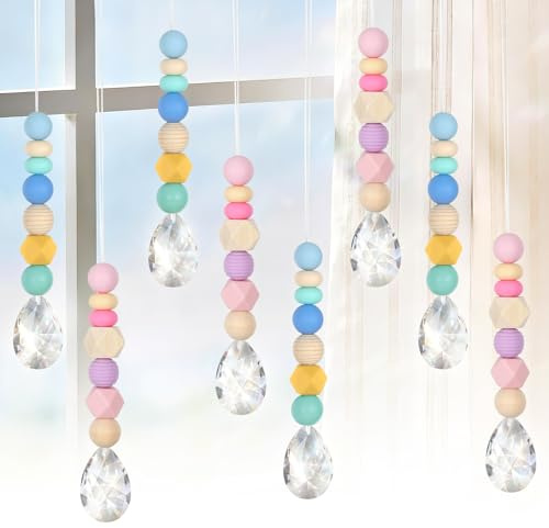 8 acchiappasole in cristallo, set fai da te con cristalli da 38 mm, ciondolo a forma di acchiappasole con prisma di cristallo, set di perline di legno colorate, cristalli e filo per giardino