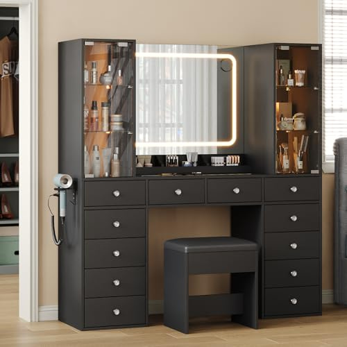 FUSOU Dressing Table with 12 Drawers & 2 Large Storage Cabinets, Adjustable Glass Shelf, Dressing Table with Mirror and Stool, Vanity with Glass Top and Power Outlet, Vanity Desk for Bedroom, Black
