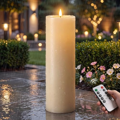 TaoFiaCo Grande Bougies LED Sans Flamme Extérieur, 10 × 35 cm, Lot de 2 | Bougies LED Flamme Vacillante, Étanchéité IP65, Fonction Minuterie, Télécommande, Alimentation par Piles, Blanc Ivoire