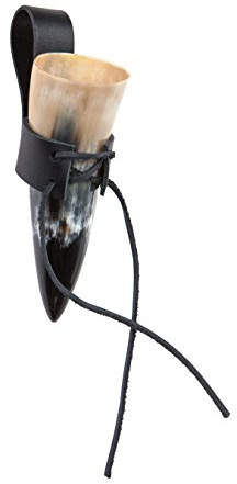 Frera Trinkhorn, 10-90 ml, 0,01-0,09l, Schnapshorn inkl. Gürtelhalter aus Leder in schwarz, lebensmittelechtes Naturhorn, Naturfarbe, poliert