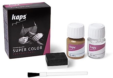 Kaps Tinta Super Color + Preparatore (25 ml ognuno), Colorante Professionale per Pelle Naturale, Tela, Ecopelle, Nutre e Ripara le Scarpe in Pelle (120 - Zucchero di Canna)