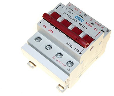ESR 125 Amp Changeover Switch with Busbar, Generator / Mains Transfer, Single Phase, Din Rail Mount, Plunger Actuator, Brass Contact, 2-Way Circuit, 240V, 1 Count