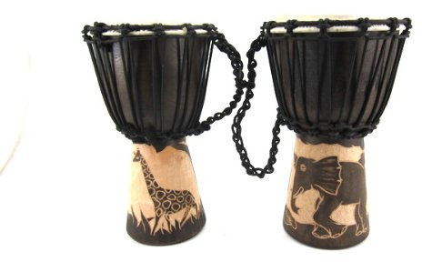 2 x Set 30cm Kinder Profi Djembe Trommel Bongo Afrika Elefant + Giraffe reine Handarbeit Guter Klang R5