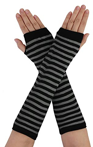sourcing map Dame Fingerlose Flagge Drucke Stoff Arm lange Handschuhe Warmers Grau Schwarz de