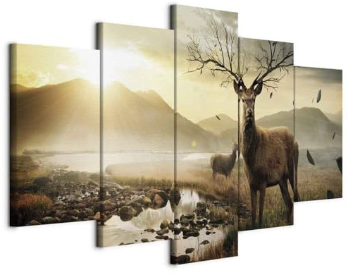 B&D XXL - Leinwandbild Tiere Hirsch Gebirge, 200x100 cm, 5-teilig, modern | Hochwertige Leinwand, sofort aufhängbar, ideal fürs Wohn- oder Schlafzimmer, wasserfest und lichtecht, langlebig, stilvoll