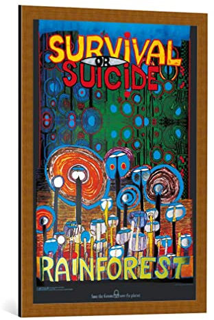 kunst für alle Bild mit Bilder-Rahmen: Friedensreich Hundertwasser Überleben oder Selbstmord - Regenwald - dekorativer Kunstdruck, hochwertig gerahmt, 59x84 cm, Kupfer gebürstet