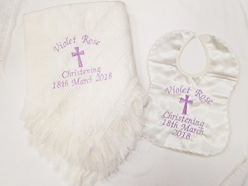 Christening/Baptism Personalised Shawl and bib Set with Cross Available in White or Cream (White)
