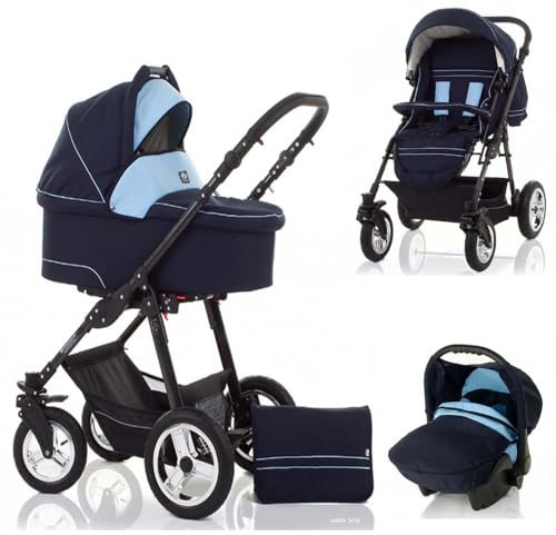 16 teiliges Qualitäts-Kinderwagenset 3 in 1 CITY STAR in 41 Farben: Kinderwagen + Buggy + Autokindersitz + Schwenkräder - Mega-Ausstattung - all inclusive Paket in Farbe CS-05 (NAVY-HELLBLAU)