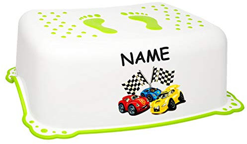 alles-meine.de GmbH Anti RUTSCH - Trittschemel/Tritthocker/Kindersitz - weiß - grün Auto - Rennwagen inkl. Name - Bieco - Tritt - Kinderschemel & Kindertritt - bis 100 k..