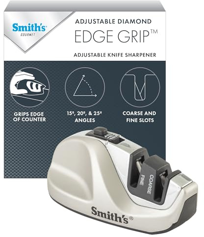 Smith's 51023 Adjustable Diamond Edge Grip Sharpener - Grey - Coarse & Fine Sharpeners - Compact - Stable Non-Slip Base – Pull Through Knife Sharpener