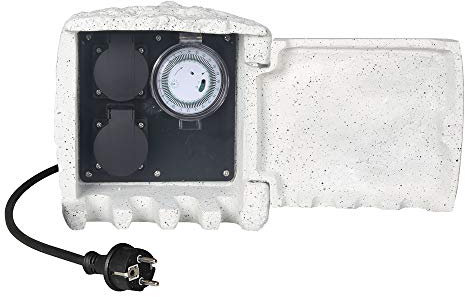 Toma de corriente para jardín con aspecto de piedra, color blanco, gris y marrón, 2 enchufes, con temporizador y 4 enchufes, incluye cable de 5 m