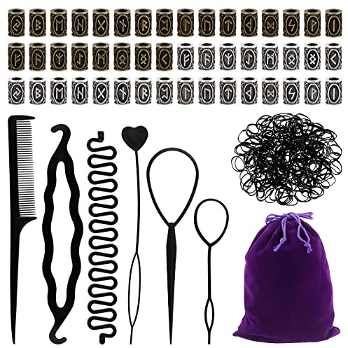 Tanstic 255Pcs 13mm Dark Bronze and Silver Viking Rune Beads Norse Viking Beads Hair Beard Beads Braiding Beads Including 6Pcs Pull Hairpin Quick Beader and 200Pcs Black Rubber Bands with a Bag