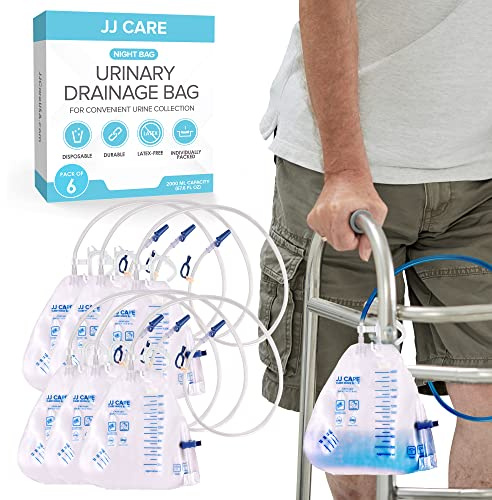 JJ CARE Catheter Bags -Pack of 6 Urinary Drainage Bag, 2000 ml Urine Bags with 42 Drainage Tube, Disposable Anti-Reflux Chamber, Leak Proof Vinyl Urine packets with Double Hook Hanger for Men & Women