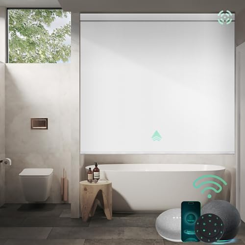 Yoolax Motorized Shower Roller Shades for Bathroom with Remote Control, Automatic Heavy Duty Thick Fabric Shower Curtain Compatible with Alexa, Blackout Battery Solar Powered Blind Custom (White)