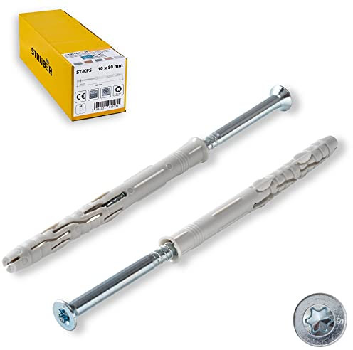 STRÜBER Rahmendübel mit Senkkopfschrauben Torx (10x80 mm / 50 Stück) Fensterrahmendübel - Langschaftdübel - Spreizdübel - Wandrahmenbefestigung - Nylondübel mit TX Schrauben - ETA Zulassung