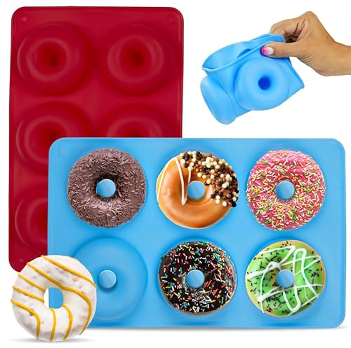 HOTPOP Silicone Donut Molds for Baking – Set of 2 Nonstick Pans (Red, Blue), Makes 12 Donuts – Flexible, Reusable, Dishwasher Safe Molds for Oven – Perfect Donut Mold for Baking Sheets