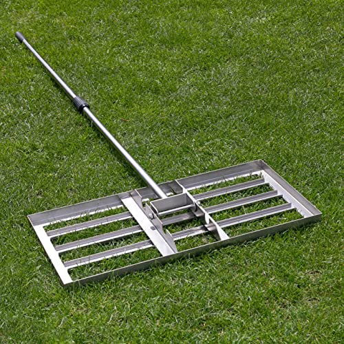 SattesGrün Profi Edelstahl Rasenrakel Lasercut Rakel zum Sanden Abziehen Levelingrake Flächenebner Leveler Lawnleveling Größe 75x35cm, Silber (mit Stiel)
