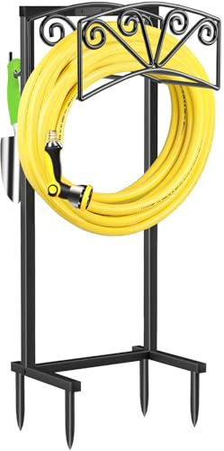 TomCare Garden Hose Holder Upgraded Heavy Duty Metal Water Hose Holder Holds 160 FT Hoses Sturdy Hose Reel with 2 Tool Hooks Freestanding Outdoor Hoses Storage Hanger for Outside Yard Lawn, Black