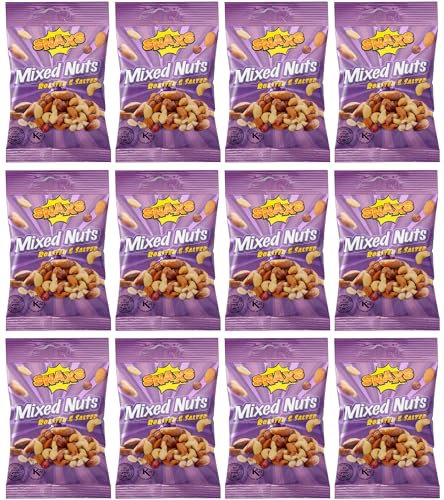 Snaxs Roasted Salted Mixed Nuts 12 x 40g - Almonds, Brazil, Cashews, Peanuts & Hazelnuts - Healthy Kosher Snack with Fibre, Protein & Minerals - Ideal for Snacking
