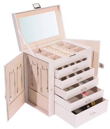BOOVO Schmuckschatulle für Damen, 6-lagig, großer Schmuck-Organizer mit Spiegel, multifunktionale Aufbewahrungsbox mit Schloss, Zubehörhalter mit 5 Schubladen, für Ohrringe, Halsketten, Ringe,