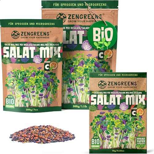 ZenGreens® - Bio Salat Sprossensamen Mischung - Wähle zwischen 10, 200g und 500g - Salat Mix Sprossensamen Mischung - Sprossen Samen Mixtur für Salate - Microgreens - für Sprossenglas